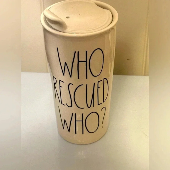 rae dunn who rescued who ceramic coffee hot beverage mug cup w/lid animal lovers - Picture 1 of 1